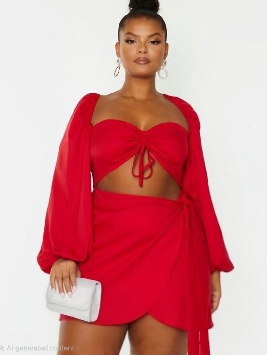PrettyLittleThing Dresses & Skirts - PrettyLittleThing Red Cutout Wrap Mini Dress Balloon Sleeve Party Glam Club